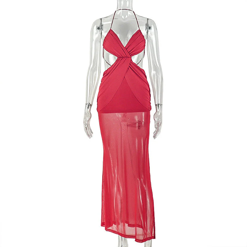 Halter ruched mesh backless self tie maxi dress - Image 3