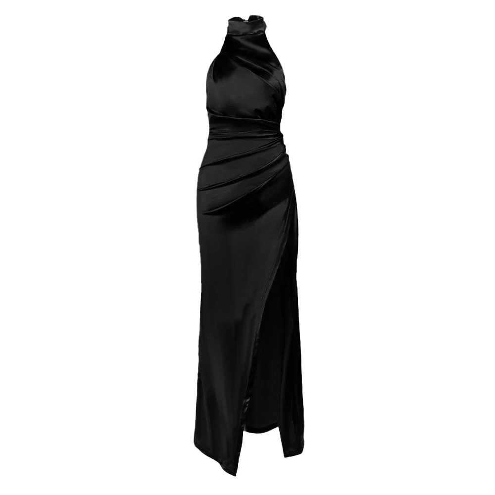 Halter ruched slit irregular zip-up maxi dress - Image 2