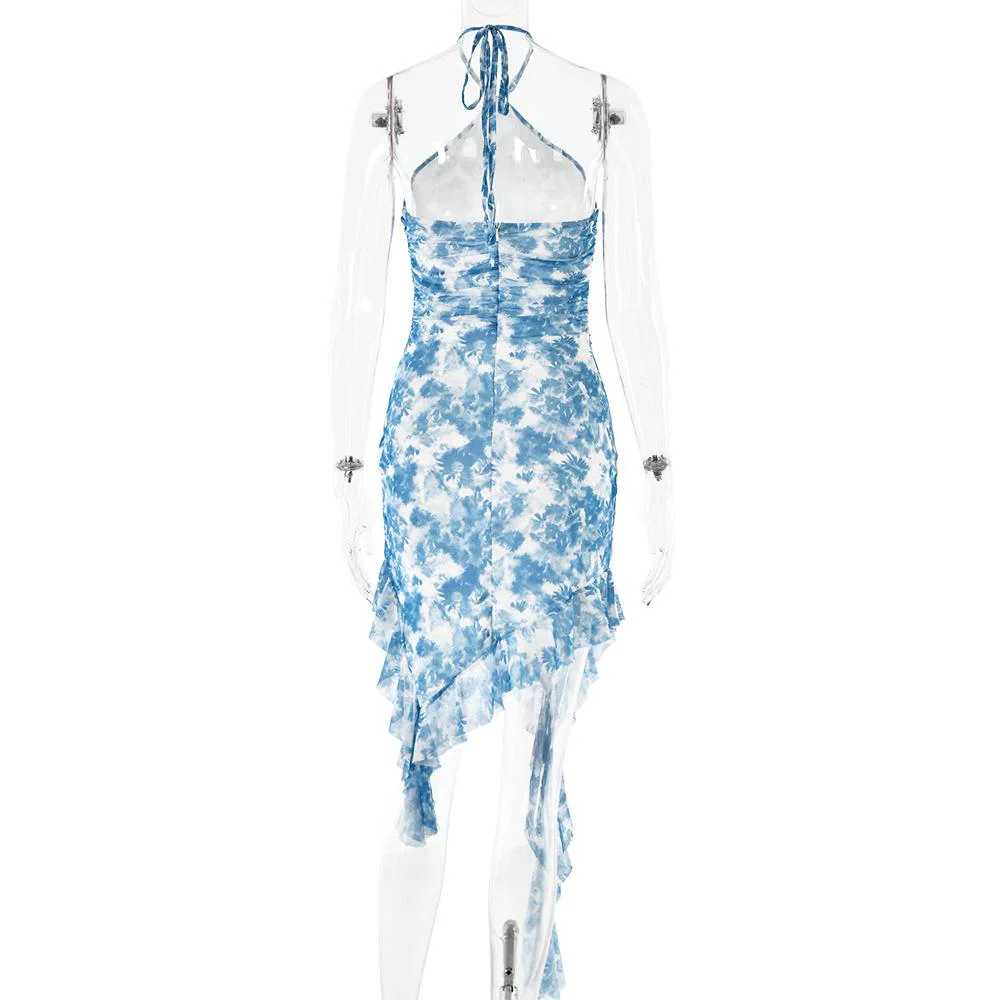 Halter ruffle tie dye irregular backless mini dress - Image 4