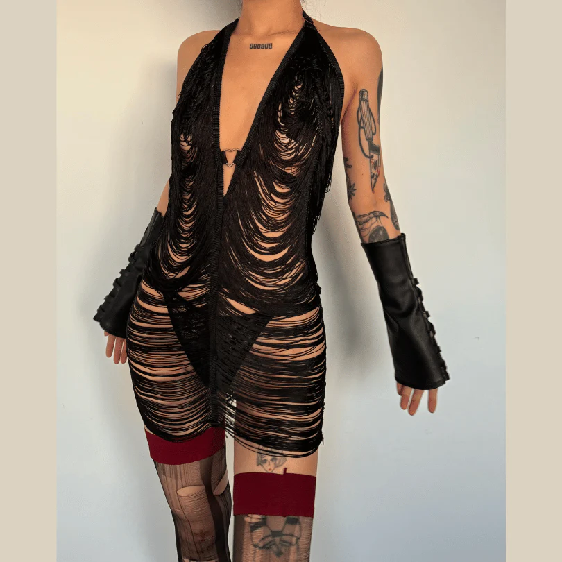 Halter see through textured mini dress