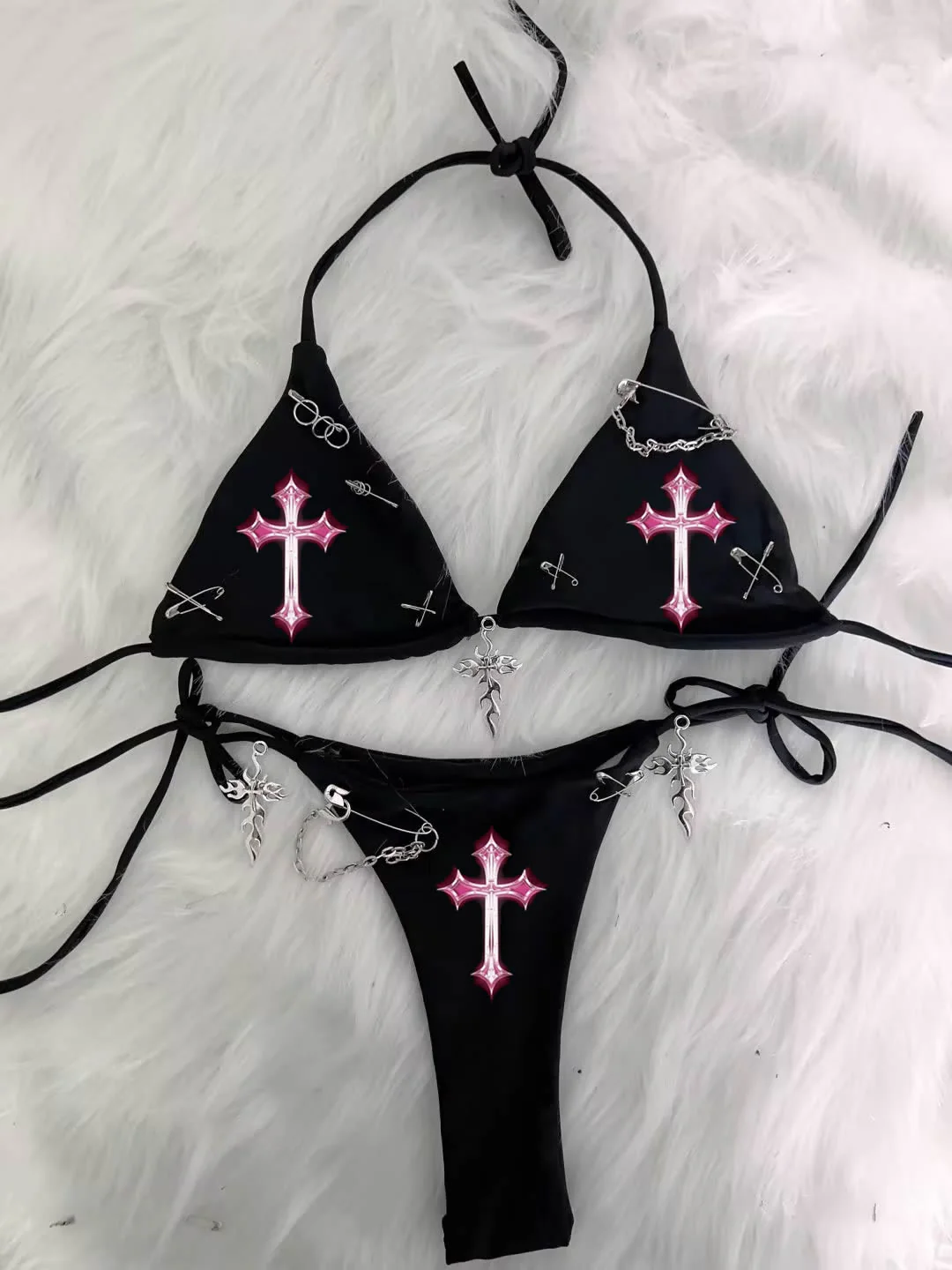 Halter self tie cross applique short pant set - Image 4