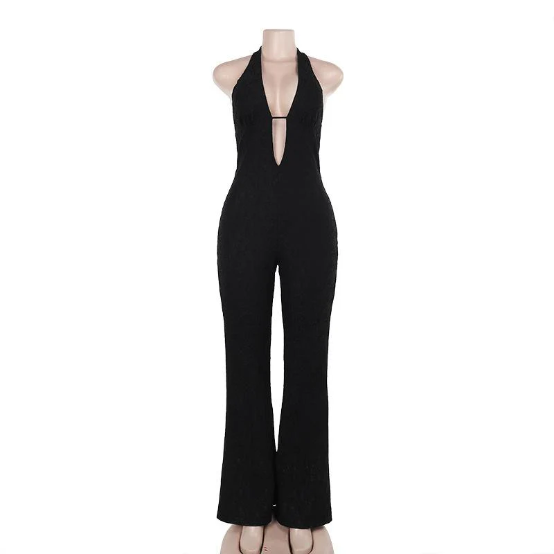 Halter self tie deep V neck lace backless jumpsuit - Image 3