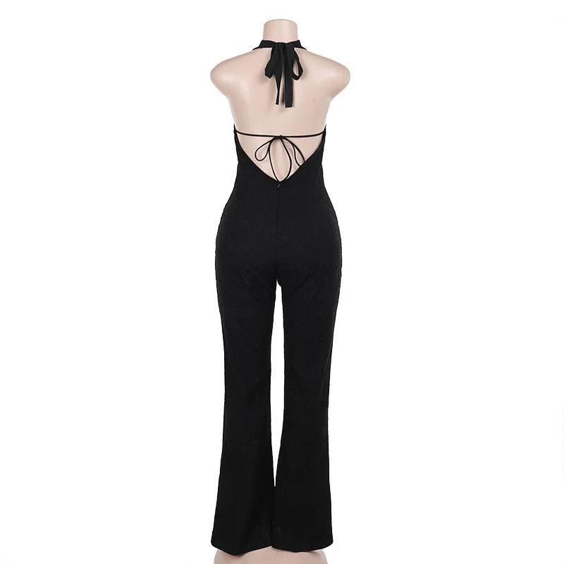 Halter self tie deep V neck lace backless jumpsuit - Image 4