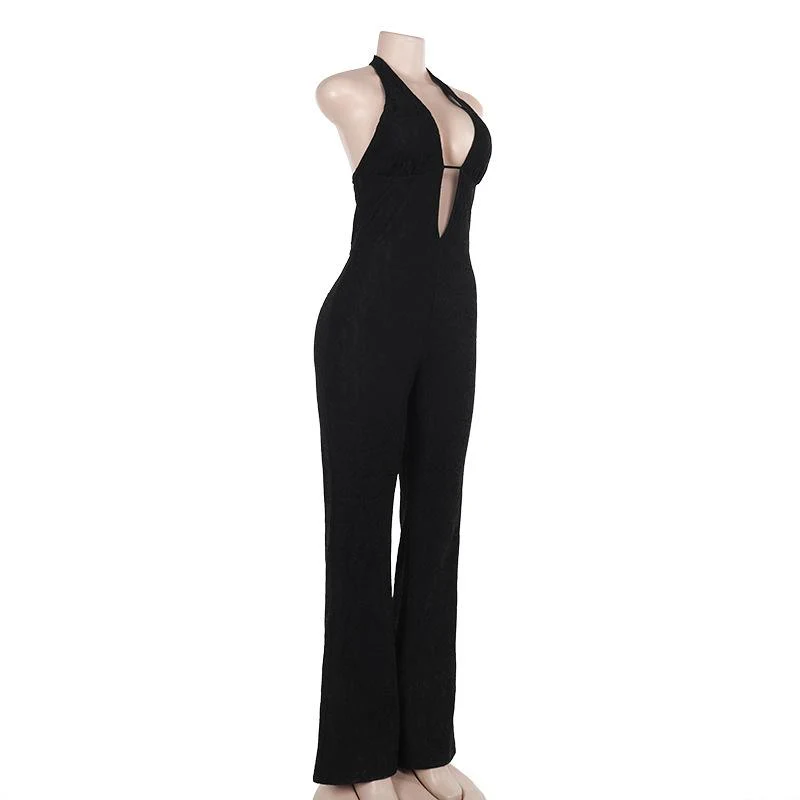 Halter self tie deep V neck lace backless jumpsuit - Image 5