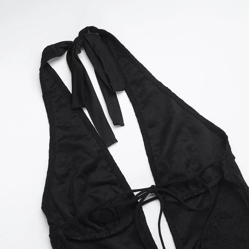 Halter self tie deep V neck lace backless jumpsuit - Image 7