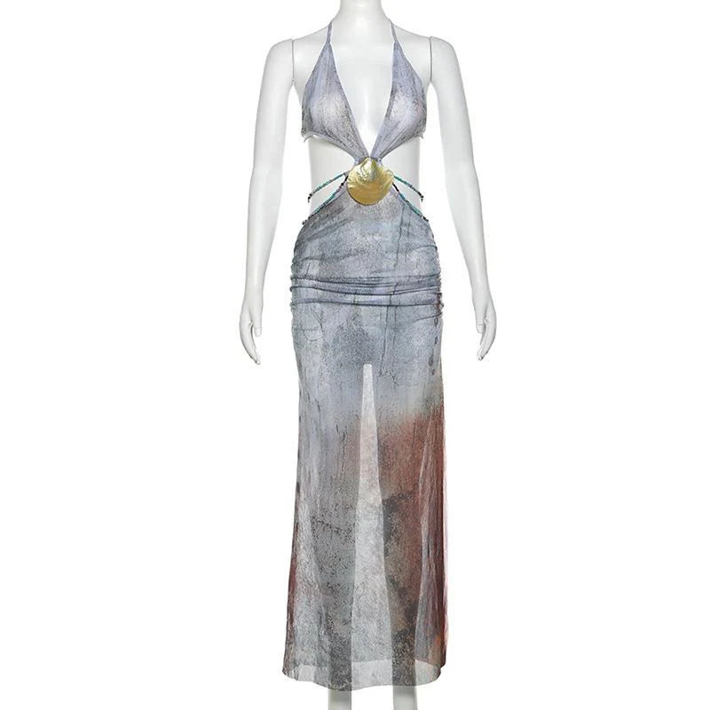 Halter self tie deep V neck sheer mesh shell applique maxi dress - Image 4