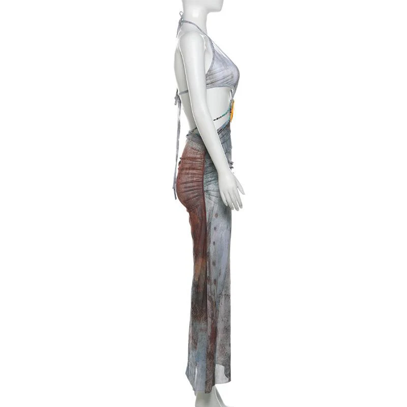 Halter self tie deep V neck sheer mesh shell applique maxi dress - Image 5