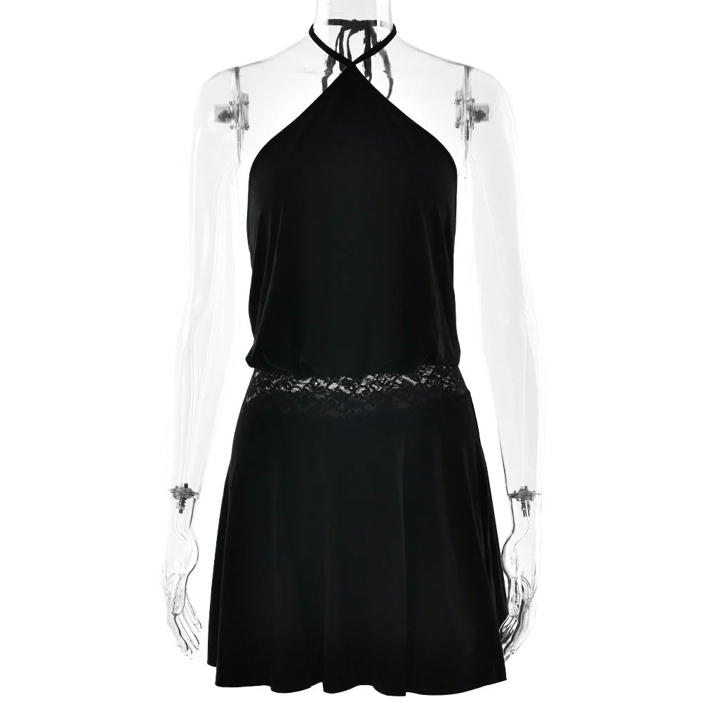 Halter self tie lace patchwork solid mini dress - Image 2
