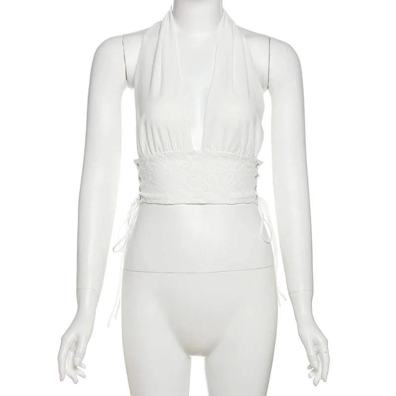 Halter self tie lace v neck backless top - Image 3