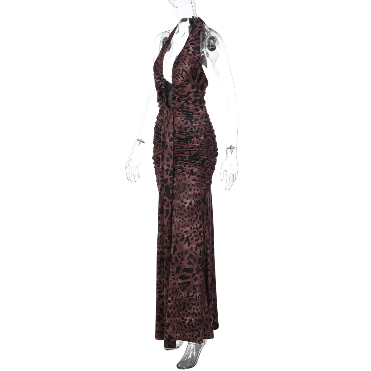 Halter self tie leopard print ruched backless maxi dress - Image 3
