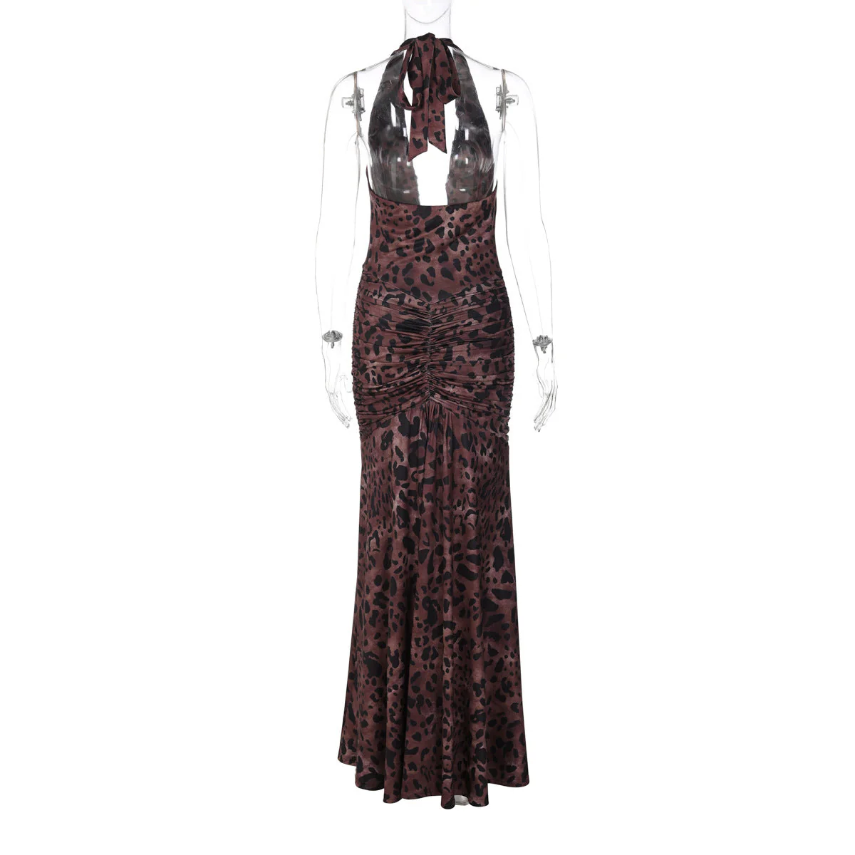 Halter self tie leopard print ruched backless maxi dress - Image 4