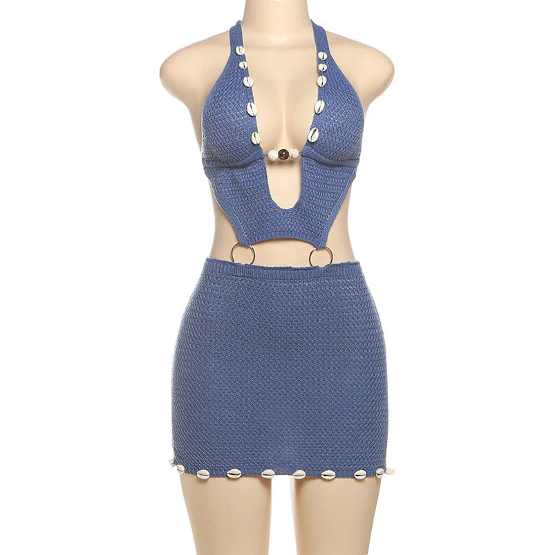 Halter self tie o ring hollow out knitted mini dress - Image 2