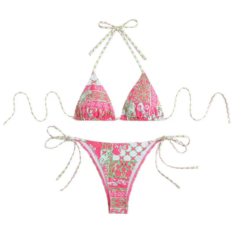 Halter self tie print v neck bikini swimwear