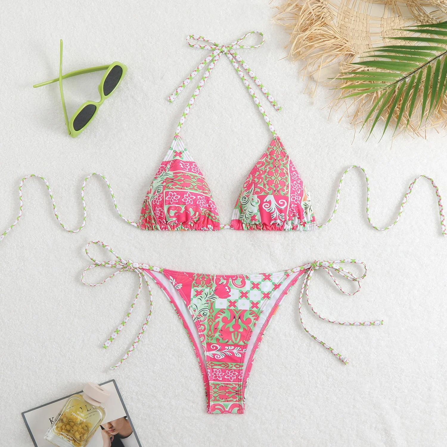Halter self tie print v neck bikini swimwear - Image 2