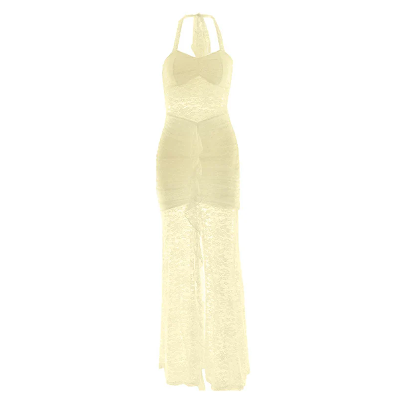 Halter self tie ruched lace v neck maxi dress - Image 3