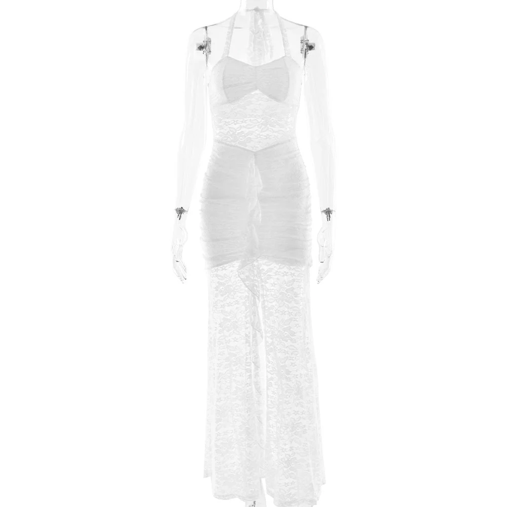 Halter self tie ruched lace v neck maxi dress - Image 4