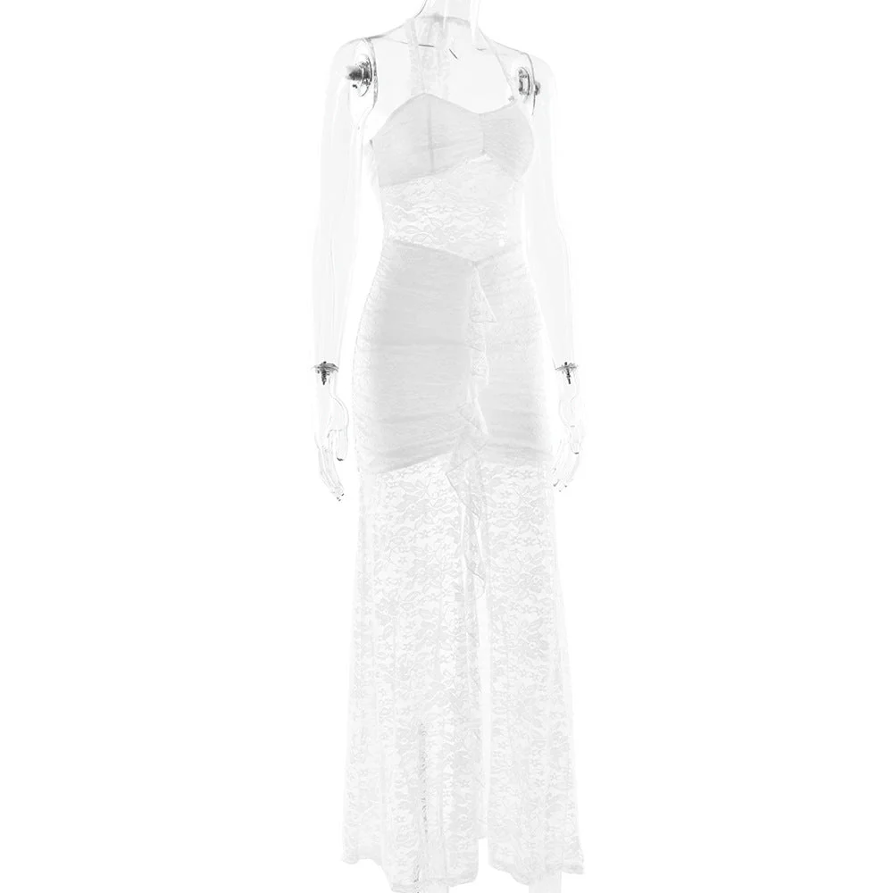 Halter self tie ruched lace v neck maxi dress - Image 5