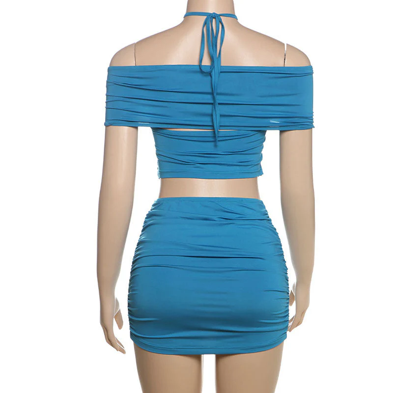 Halter self tie ruched off shoulder mini skirt set - Image 4