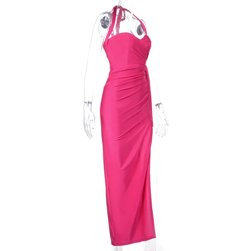 Halter self tie ruched v neck slit maxi dress - Image 3