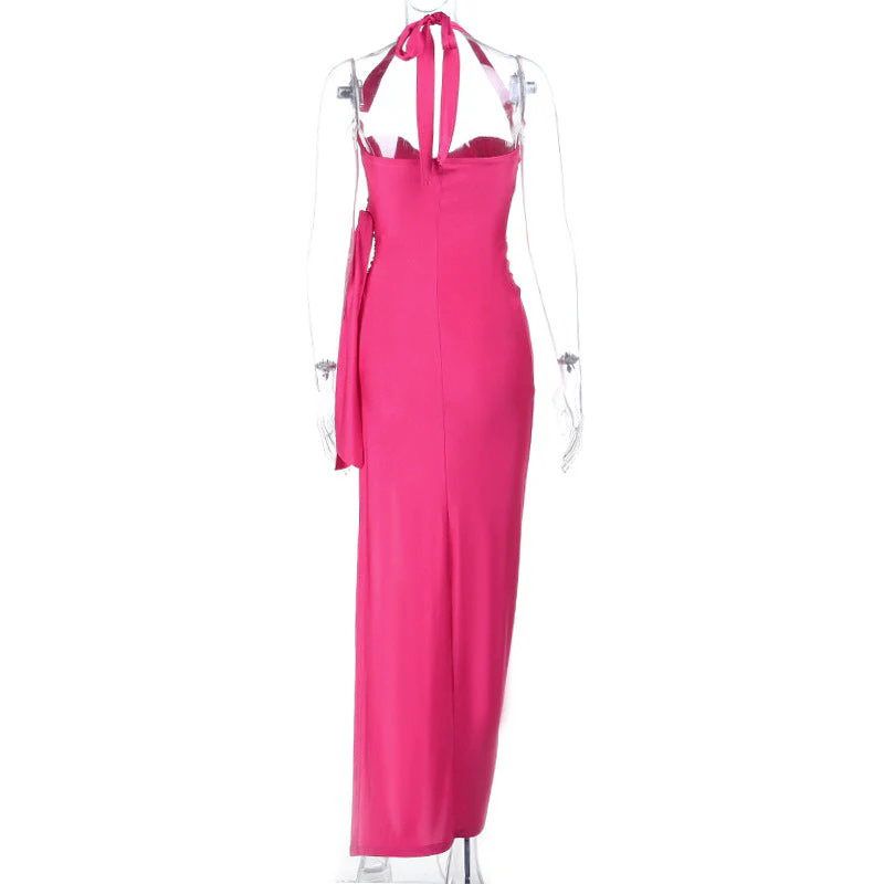 Halter self tie ruched v neck slit maxi dress - Image 4