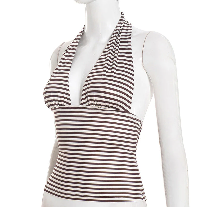 Halter self tie striped print backless v neck top - Image 3