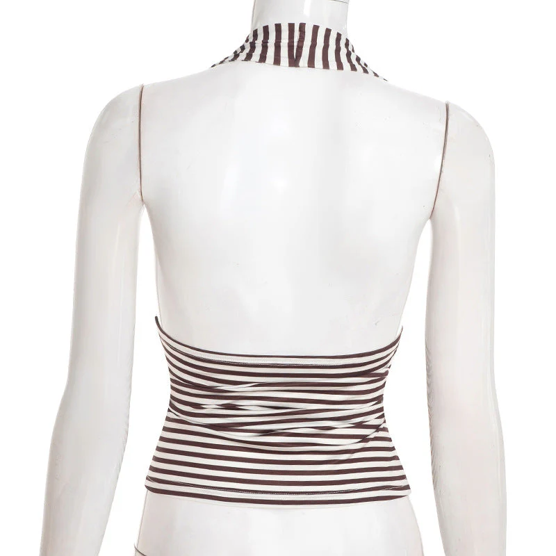 Halter self tie striped print backless v neck top - Image 4