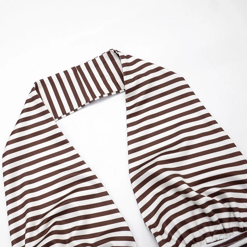 Halter self tie striped print backless v neck top - Image 5