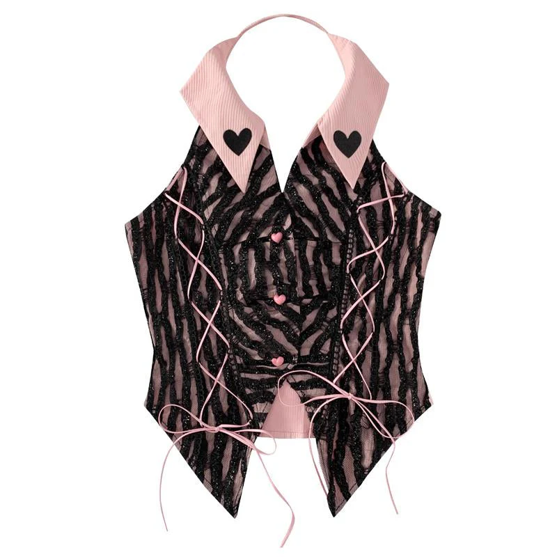 Halter self tie turnover collar heart applique top - Image 4