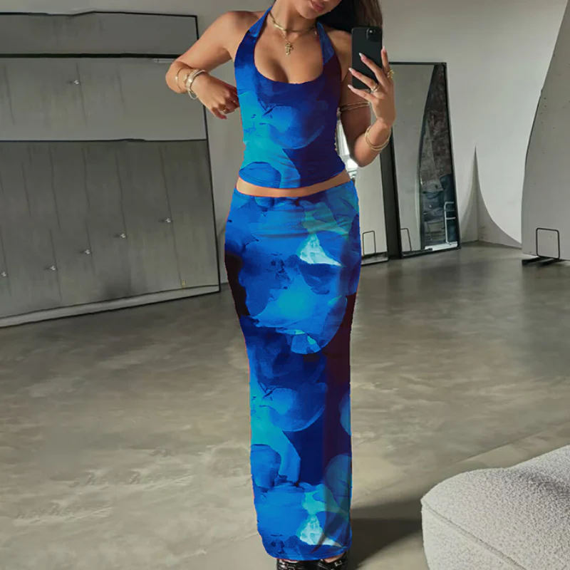 Halter self tie u neck flower print maxi skirt set - Image 2