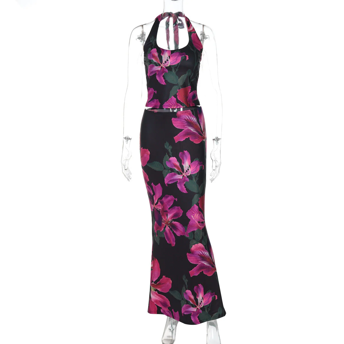 Halter self tie u neck flower print maxi skirt set - Image 5