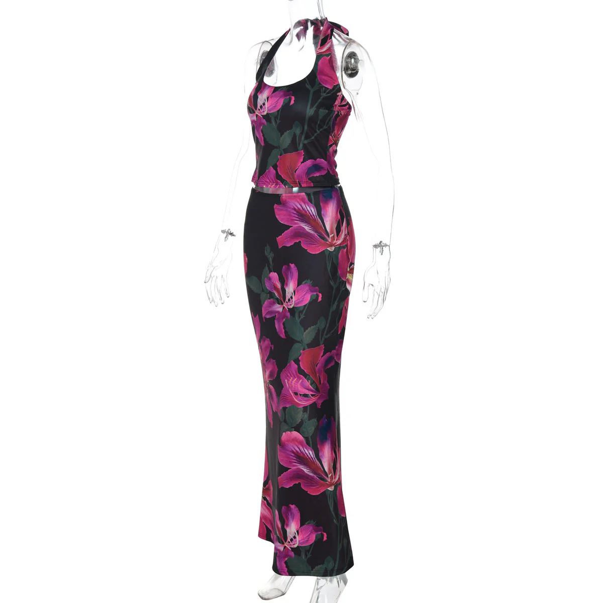 Halter self tie u neck flower print maxi skirt set - Image 6