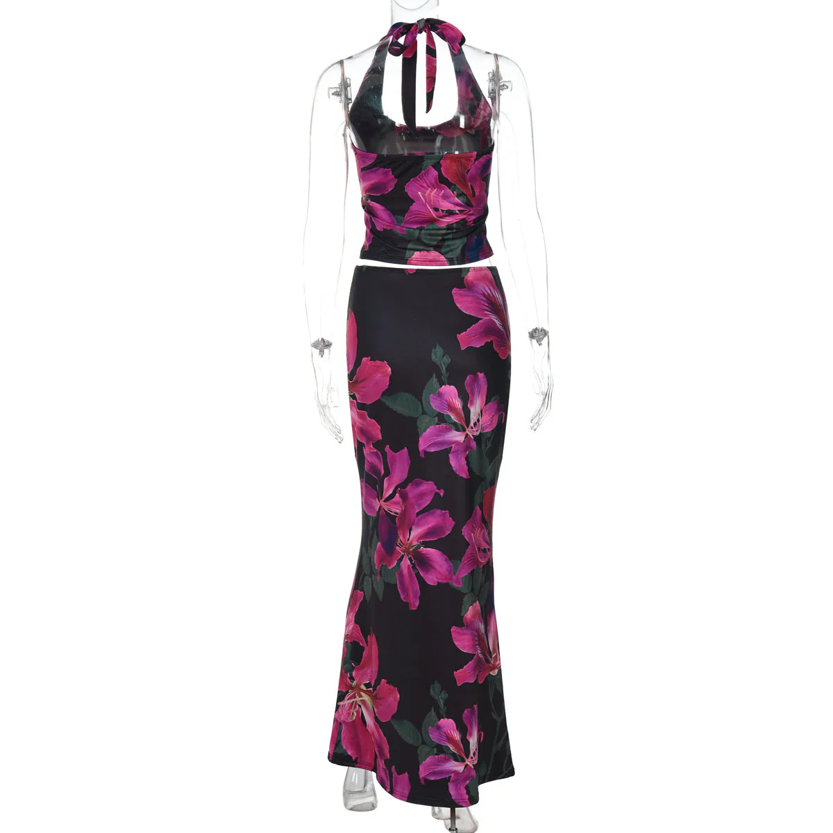 Halter self tie u neck flower print maxi skirt set - Image 7
