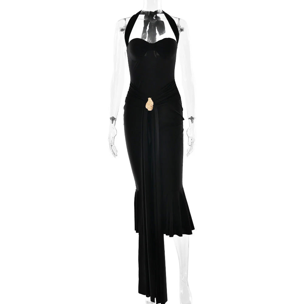 Halter self tie v neck backless midi dress - Image 4