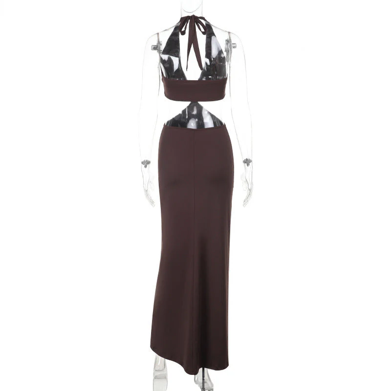 Halter self tie v neck brown maxi dress - Image 4