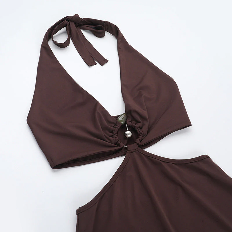Halter self tie v neck brown maxi dress - Image 5
