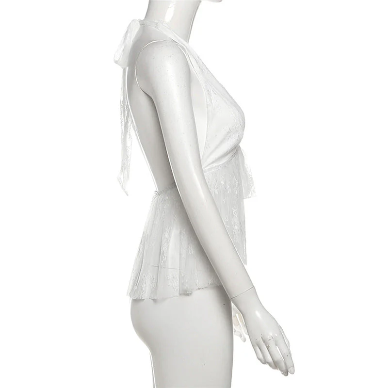 Halter self tie v neck lace backless top - Image 3