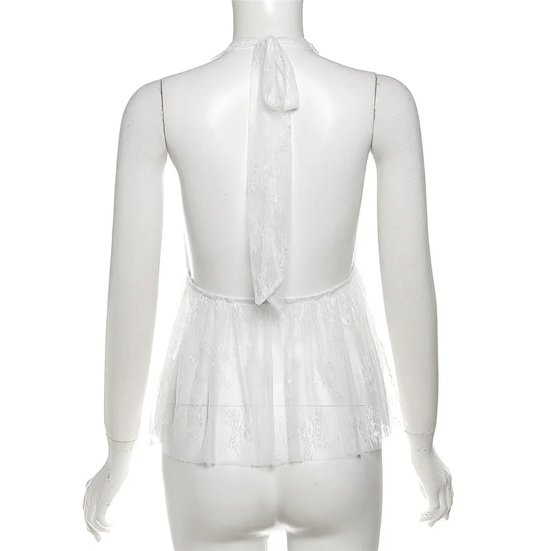Halter self tie v neck lace backless top - Image 4