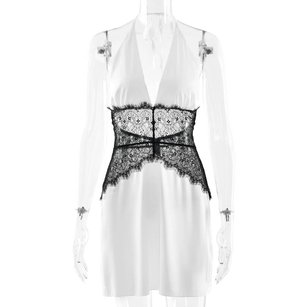 Halter self tie v neck lace zip-up mini dress - Image 2