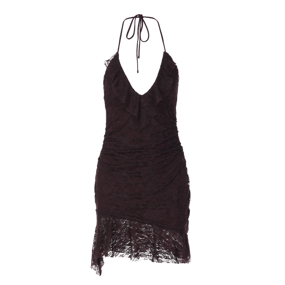 Halter self tie v neck ruffle lace ruched mini dress