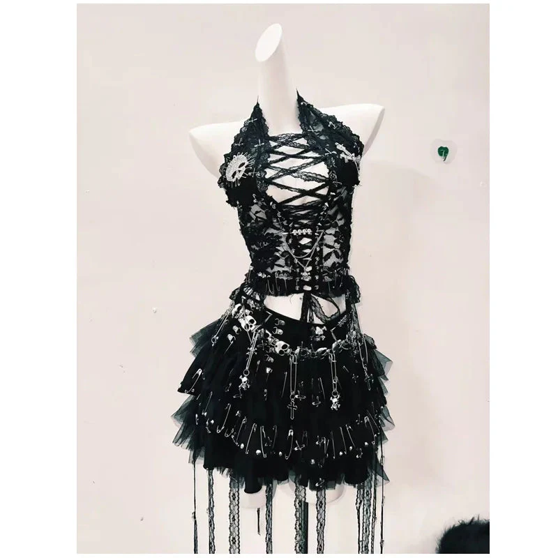 Halter skull beaded lace up lace mesh backless top - Image 3