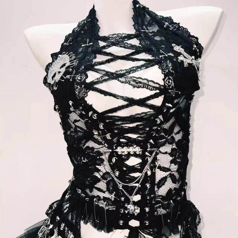 Halter skull beaded lace up lace mesh backless top - Image 4