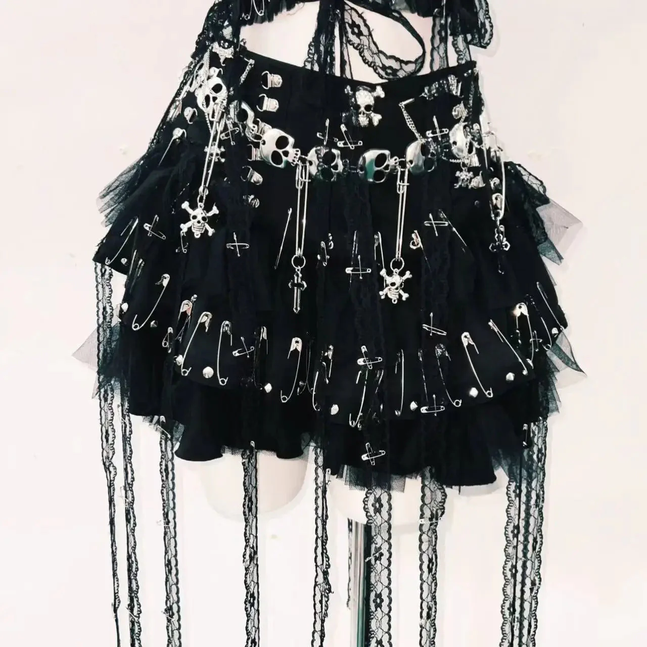 Halter skull beaded lace up lace mesh backless top - Image 7