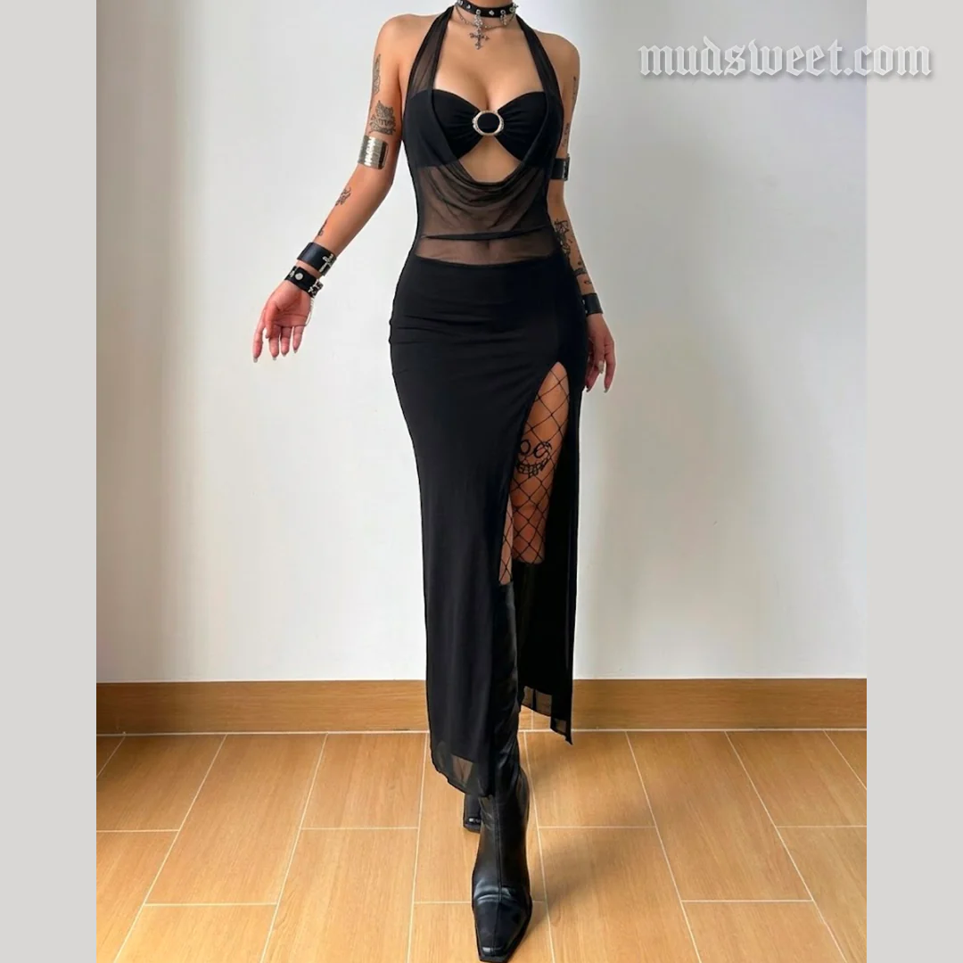 Halter slit mesh self tie irregular maxi dress