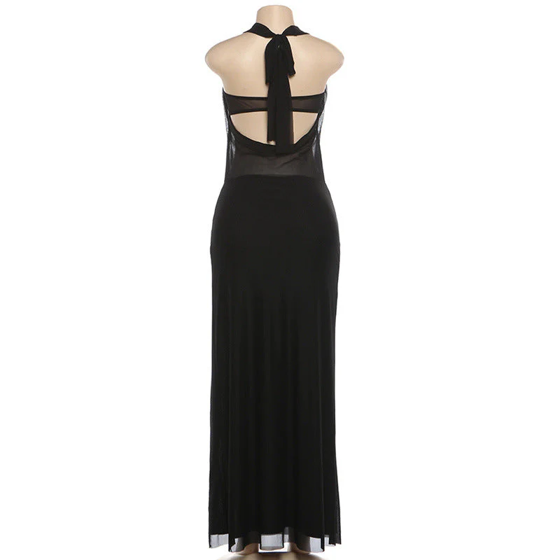 Halter slit mesh self tie irregular maxi dress - Image 5