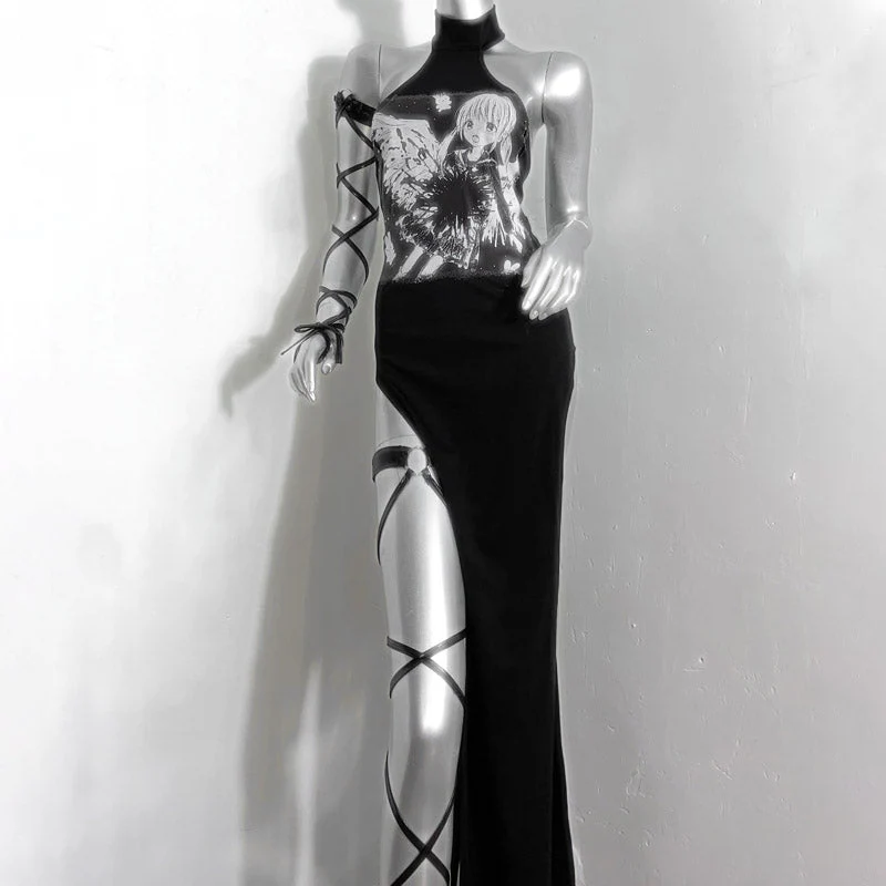 Halter slit portrait pattern backless maxi dress