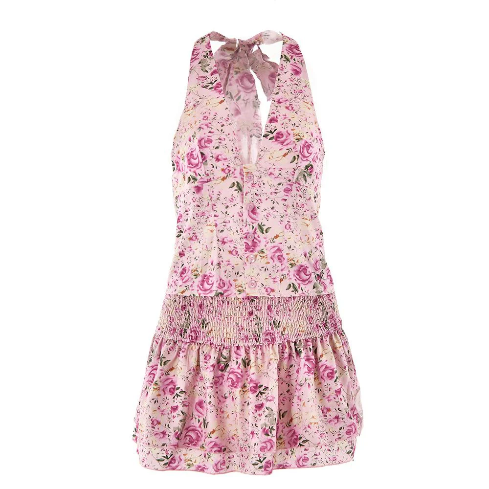 Halter smocked button flower print mini skirt set