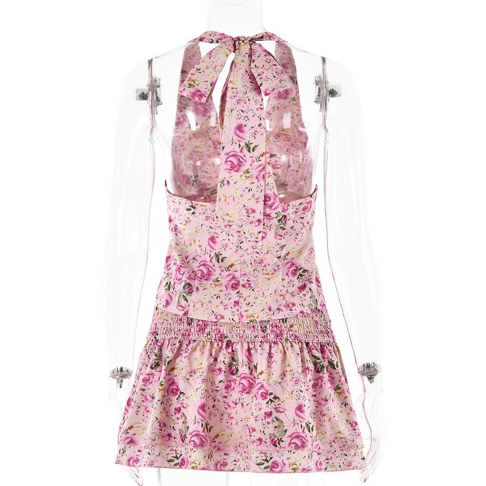Halter smocked button flower print mini skirt set - Image 4