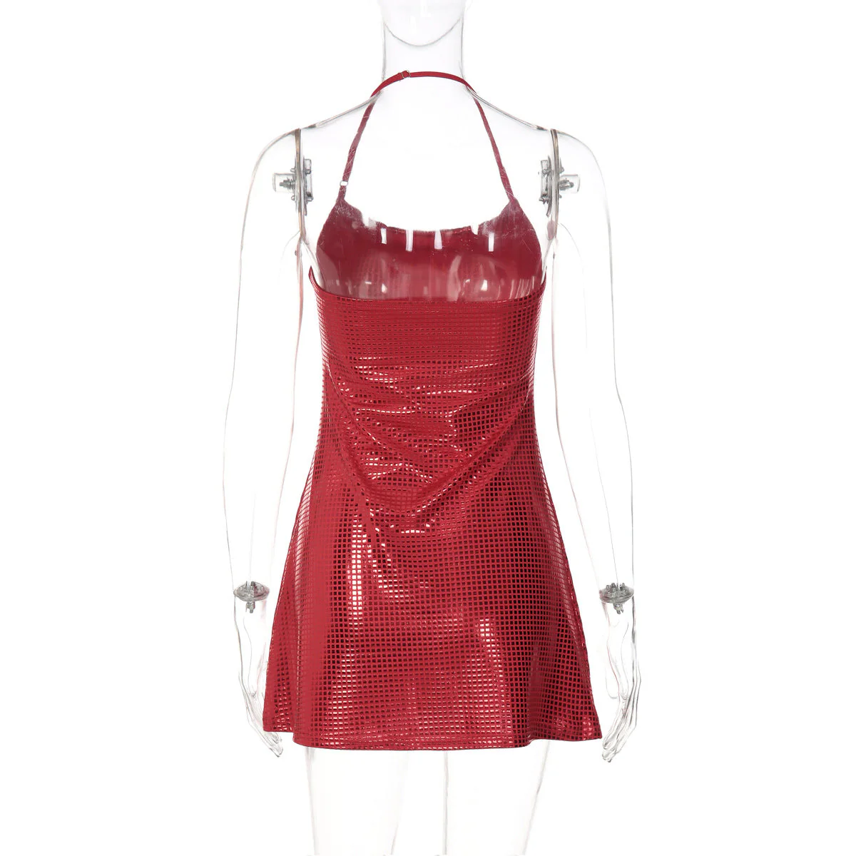 Halter u neck backless plaid print mini dress - Image 5