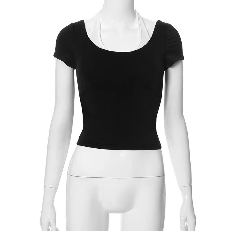 Halter u neck contrast short sleeve top - Image 2
