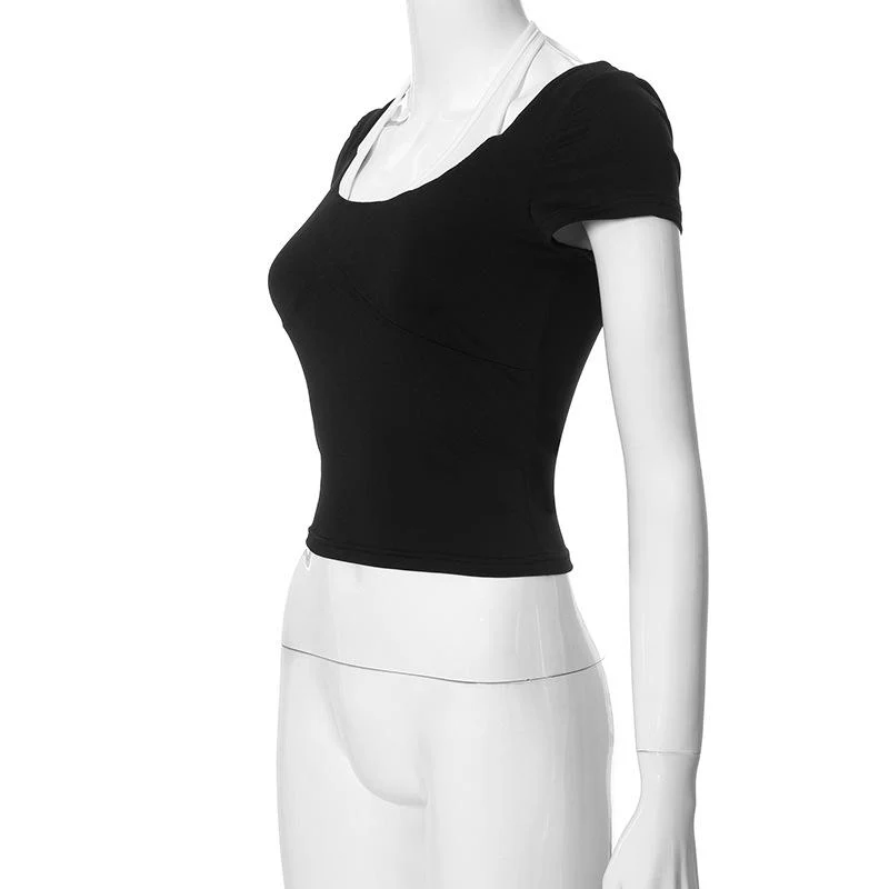 Halter u neck contrast short sleeve top - Image 3